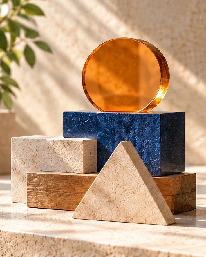 Amber glass, navy marble, stone and timber forms represent connected operating decisions.