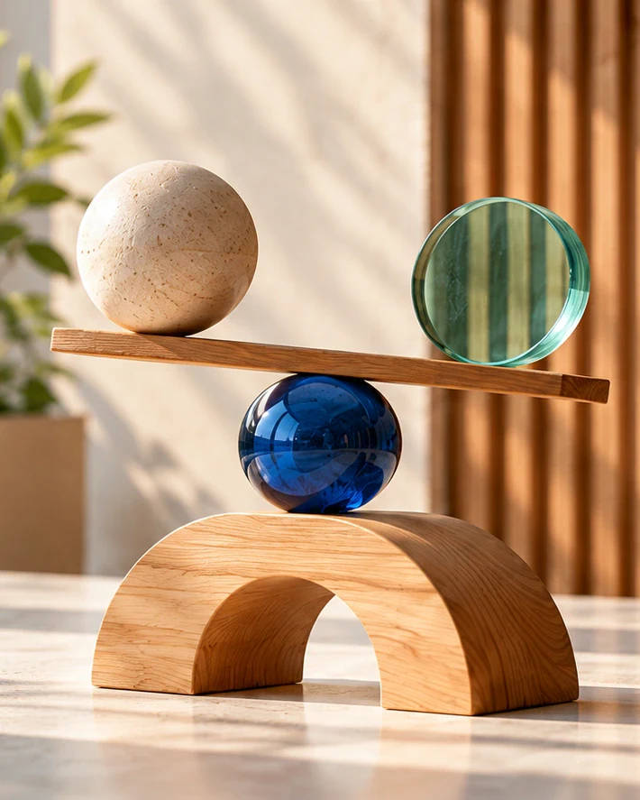 Timber arch, blue glass sphere and balancing beam connect a stone sphere with a green glass disc.