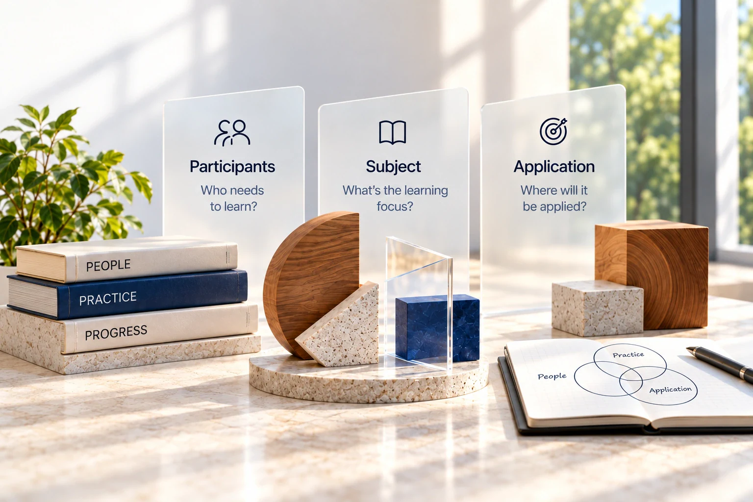 Three glass panels ask who needs to learn, the subject, and where learning will be applied.