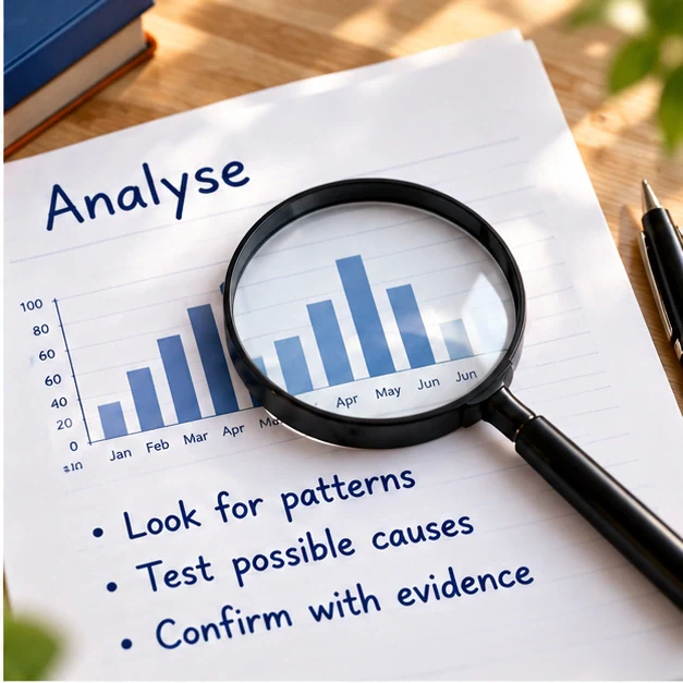 Magnifying glass over an illustrative chart, with prompts to seek patterns, test causes and confirm evidence.