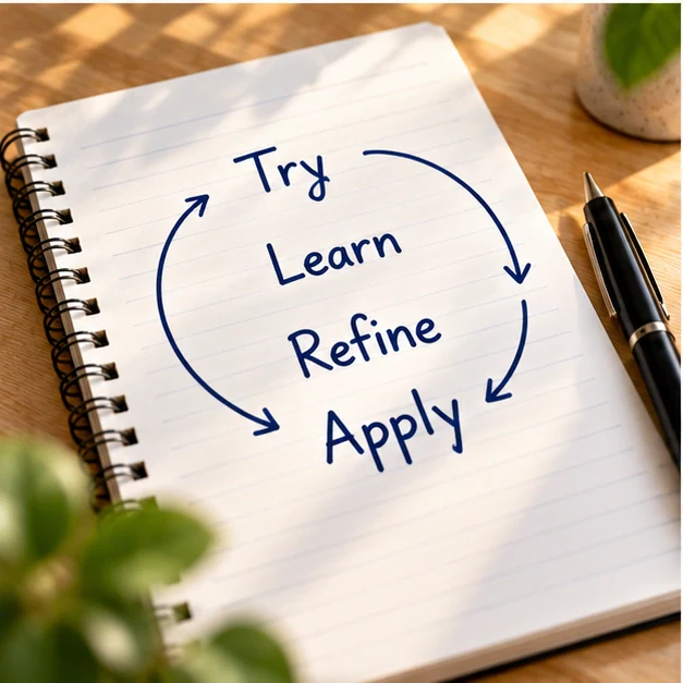 Notebook shows a recurring feedback loop between trying, learning, refining and applying.