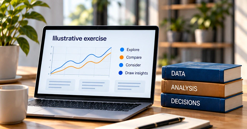 Laptop displays illustrative data-analysis exercise charts and exploratory prompts beside analytical-learning books.