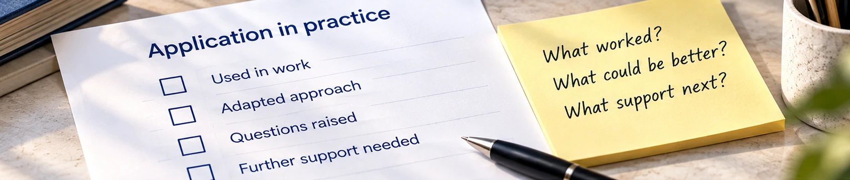 Unchecked practice-review questions and a note ask what worked, what could improve and what support is needed.
