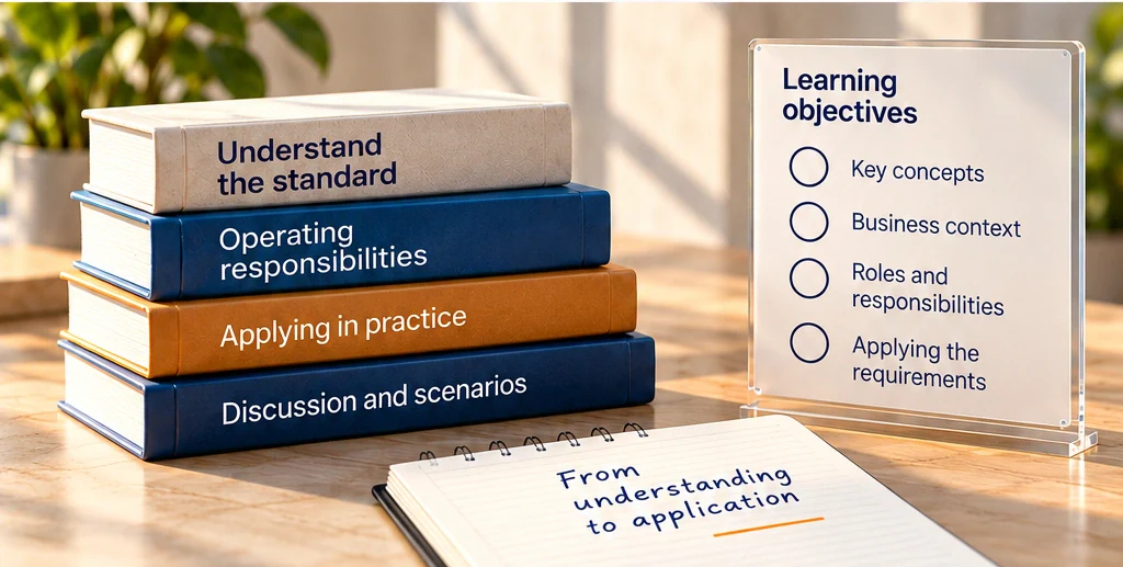Standards-learning books and pending learning-objective circles cover concepts, context, roles and application.
