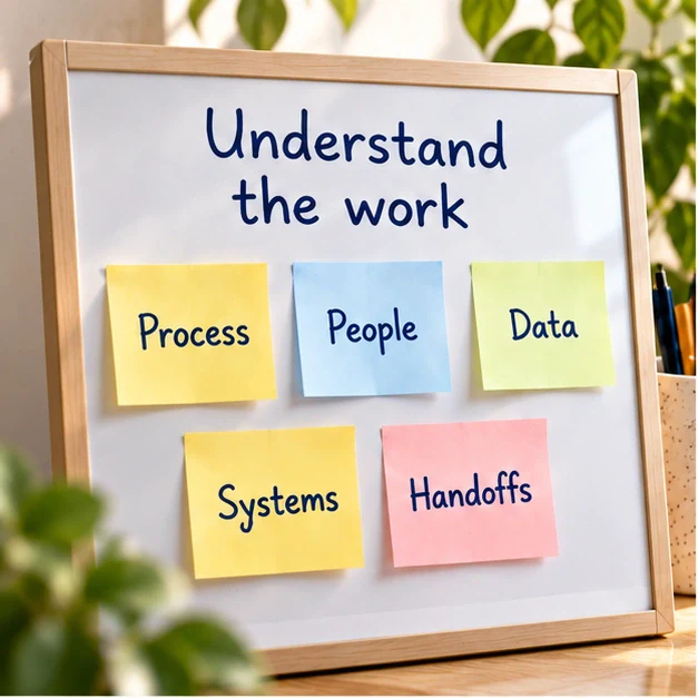 A practice board groups process, people, data, systems and handoffs around understanding the work.