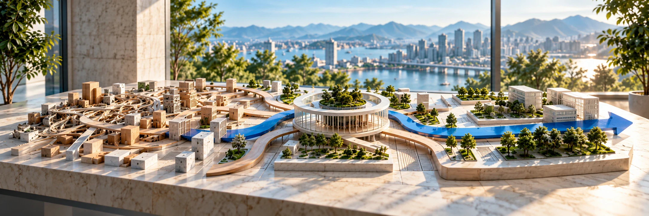 Architectural model with tangled routes resolving around a circular planted pavilion into a landscaped neighbourhood, joined by a blue ribbon.