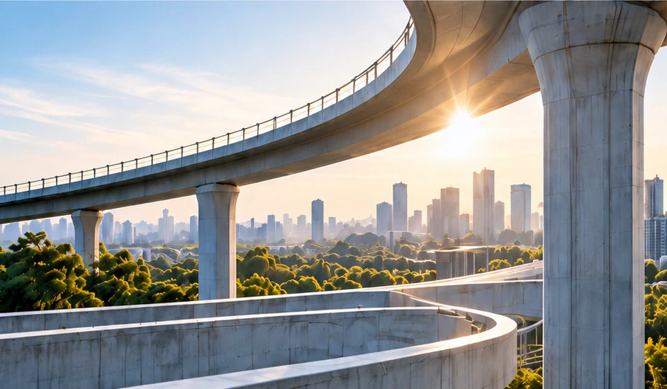 Unfinished elevated concrete roadway curving towards a city.