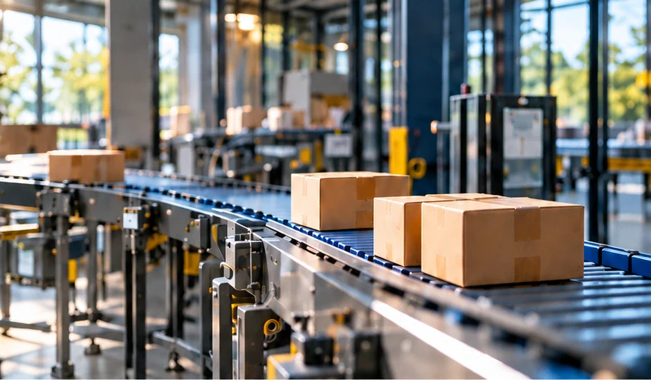 Packages on a blue conveyor in a sunlit industrial environment.