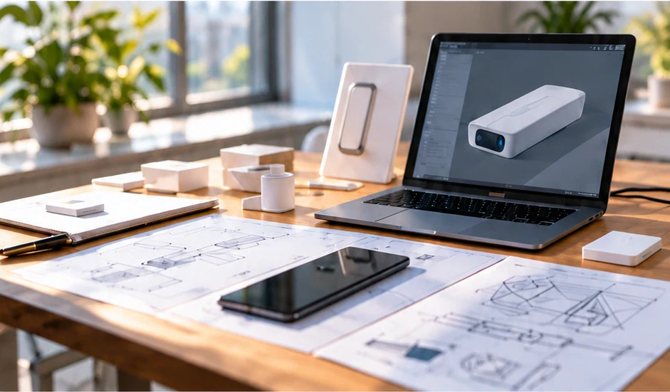 Product sketches, a laptop and prototype pieces on a design desk.