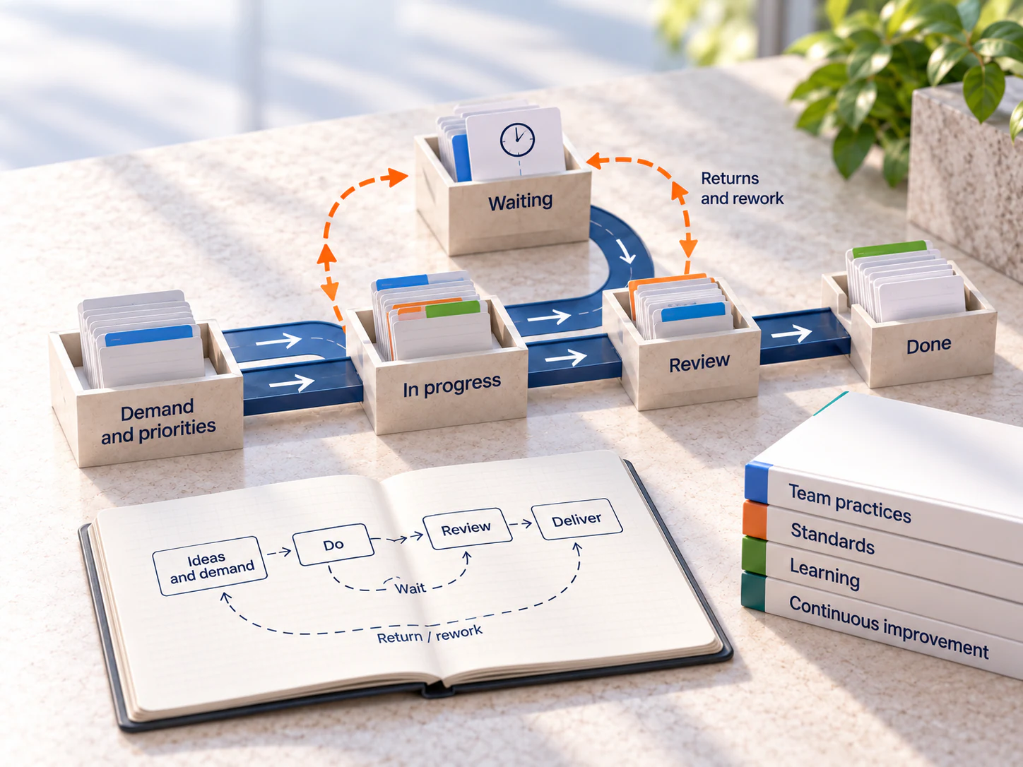 Tabletop model of work flow, waiting, returns and rework with a notebook and practice books.
