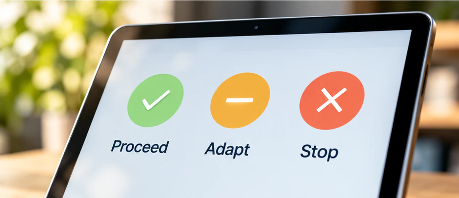 Illustrative decision options: Proceed, Adapt and Stop.