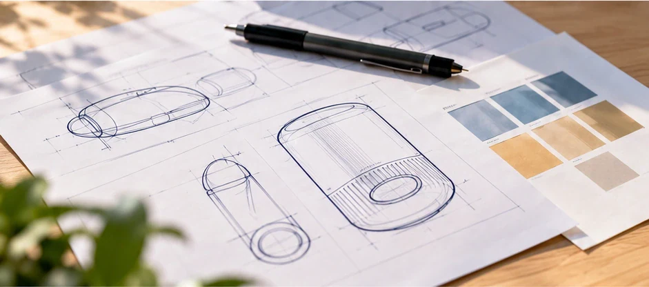 Product development sketches and colour samples.