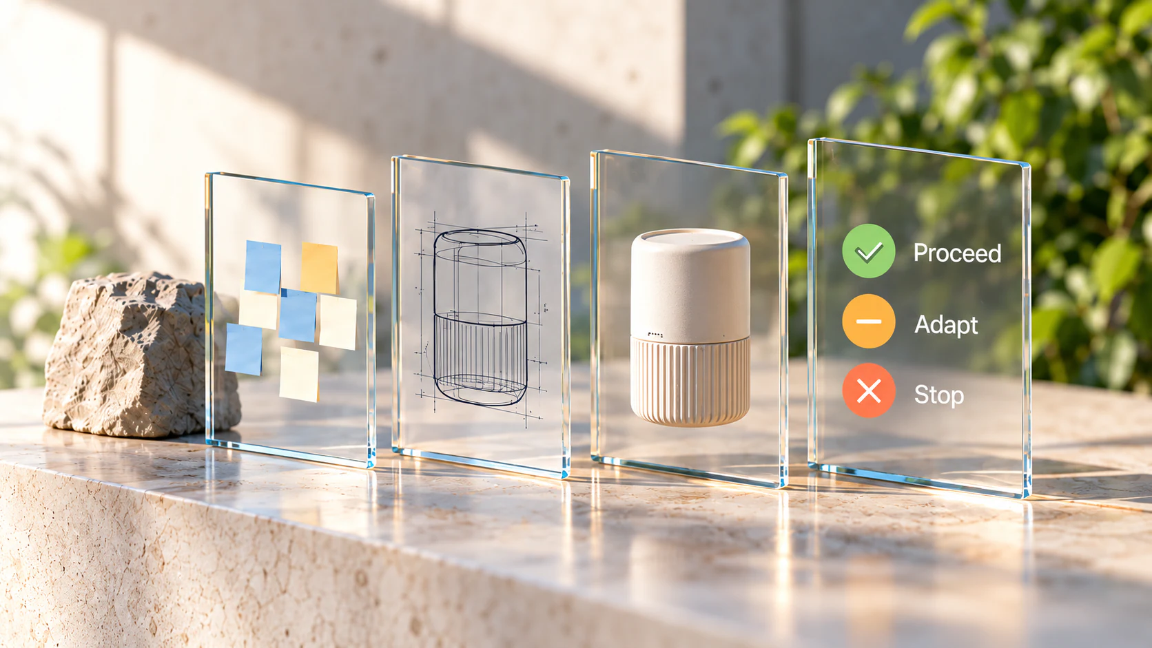 Glass panels connect customer understanding, an idea and prototype to evidence-led decision options.