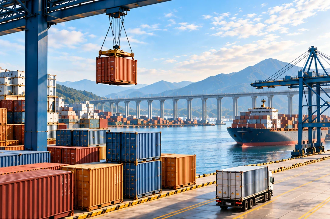 Cargo terminal with a crane lifting a container, truck, ship and bridge.