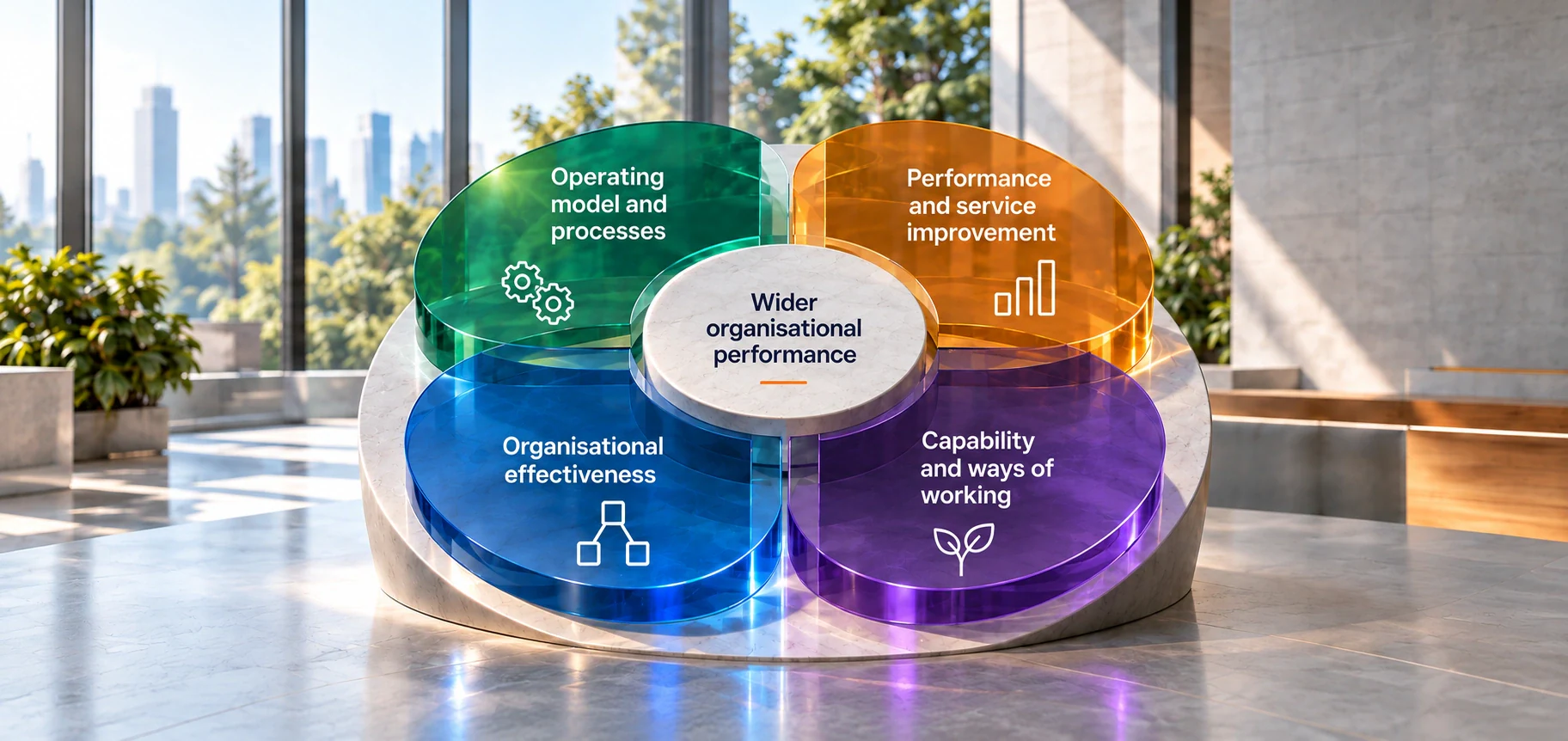 Four connected coloured glass domains around wider organisational performance.