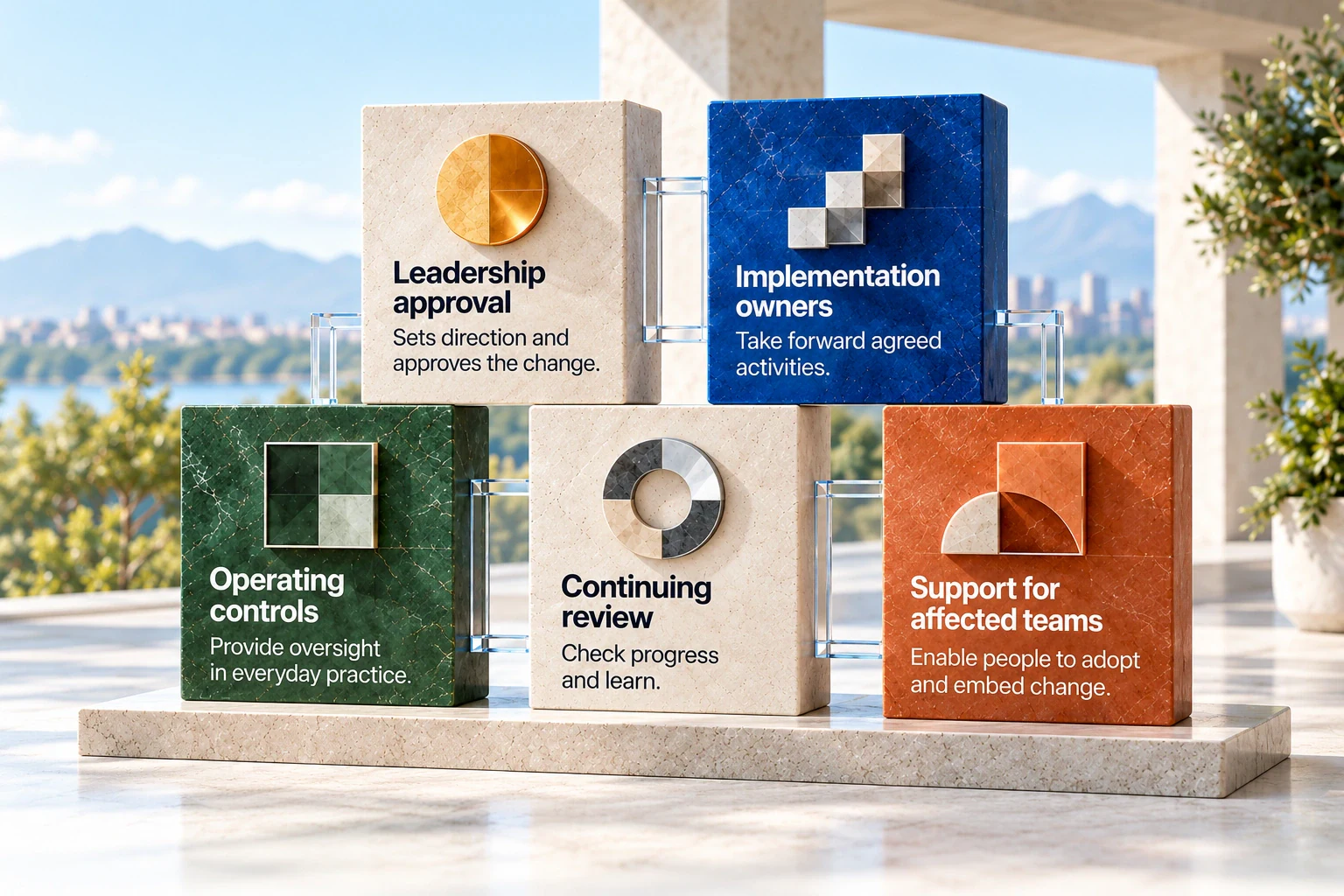 Connected stone panels identify five responsibilities for putting change into practice.