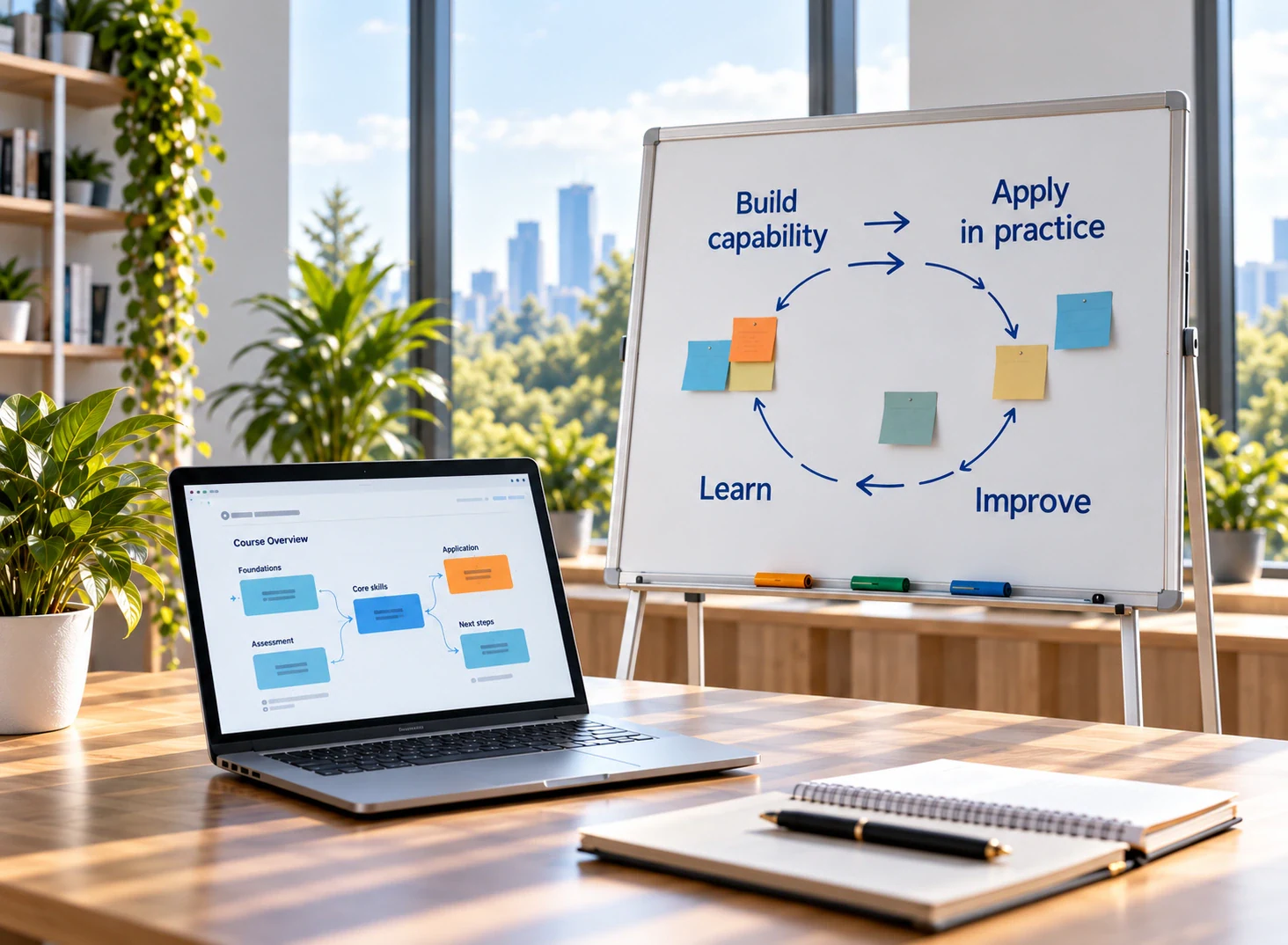 Learning desk with a laptop and whiteboard showing Build capability, Apply in practice, Improve and Learn.
