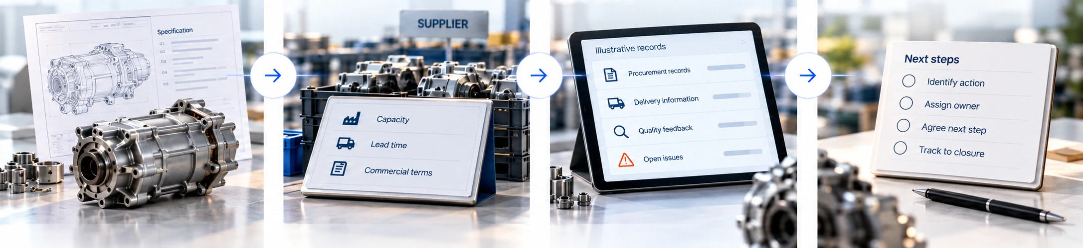 Requirement, supplier commitment, supporting evidence and accountable action are connected with embedded arrows.