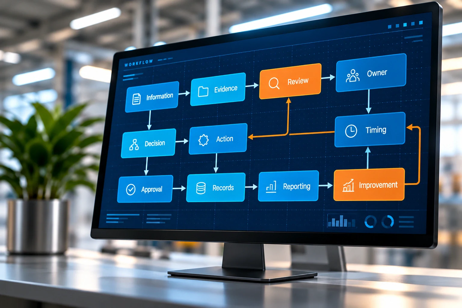 Illustrative multi-node workflow connects information, evidence, review, owner, decision, action, timing, approval, records, reporting and improvement with blue and orange paths.