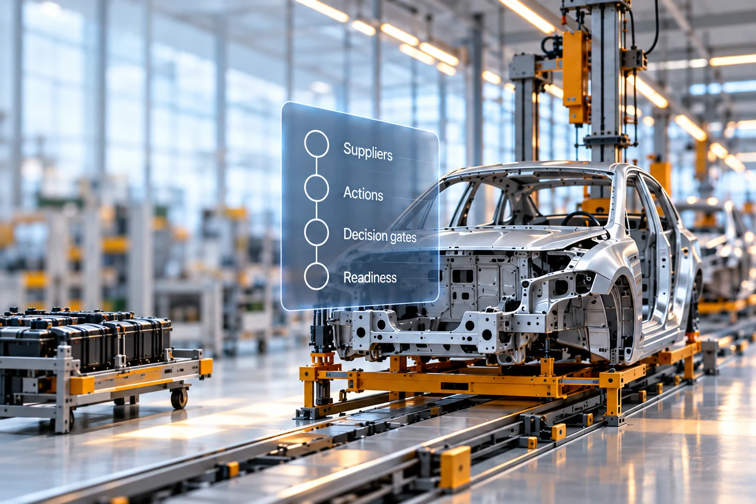 Illustrative automotive factory with supplier, action, decision-gate and readiness considerations. Empty markers indicate no completed status.