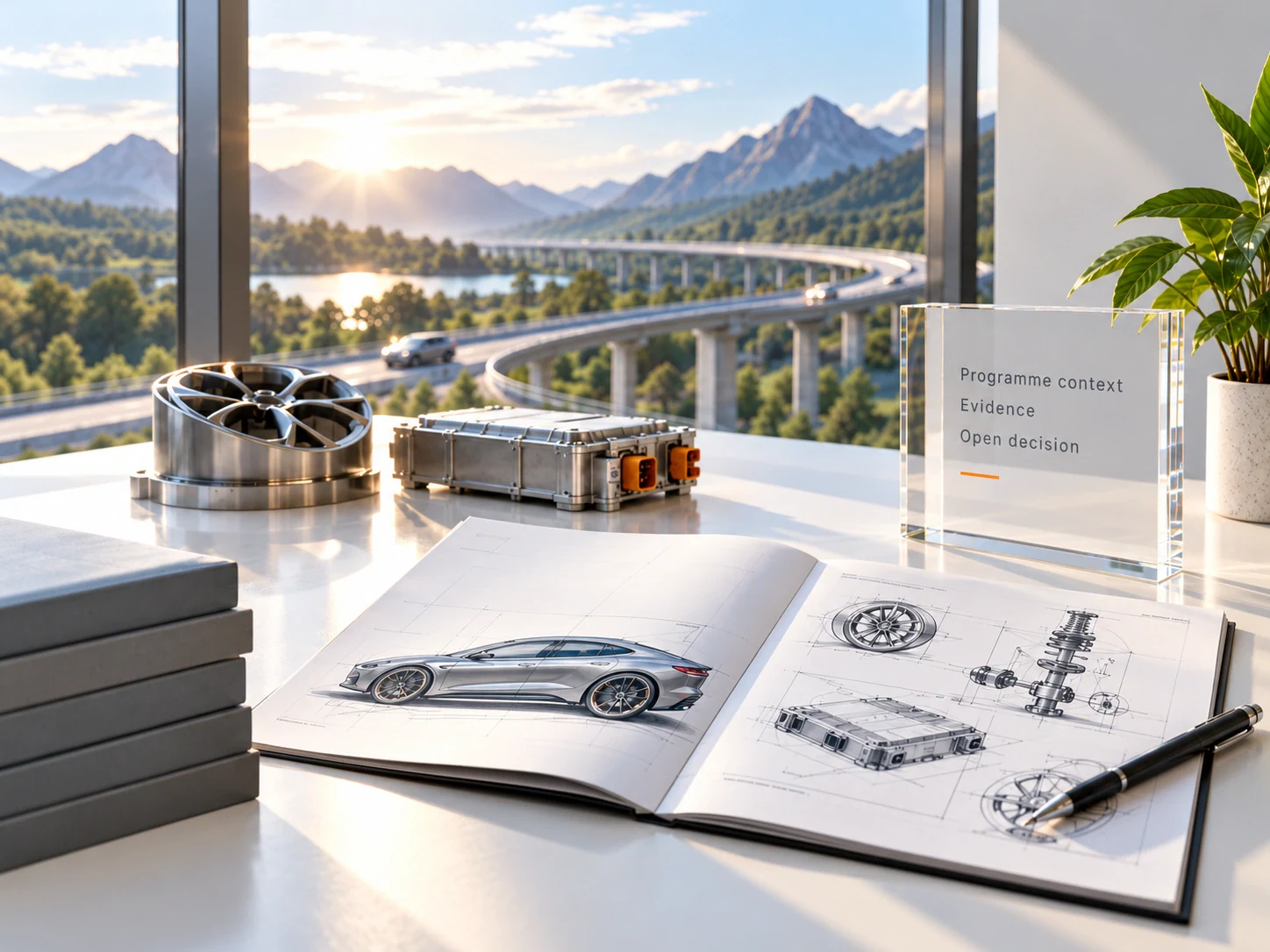 Automotive sketches, a wheel and battery component on a desk. A neutral plaque identifies programme context, evidence and the open decision.