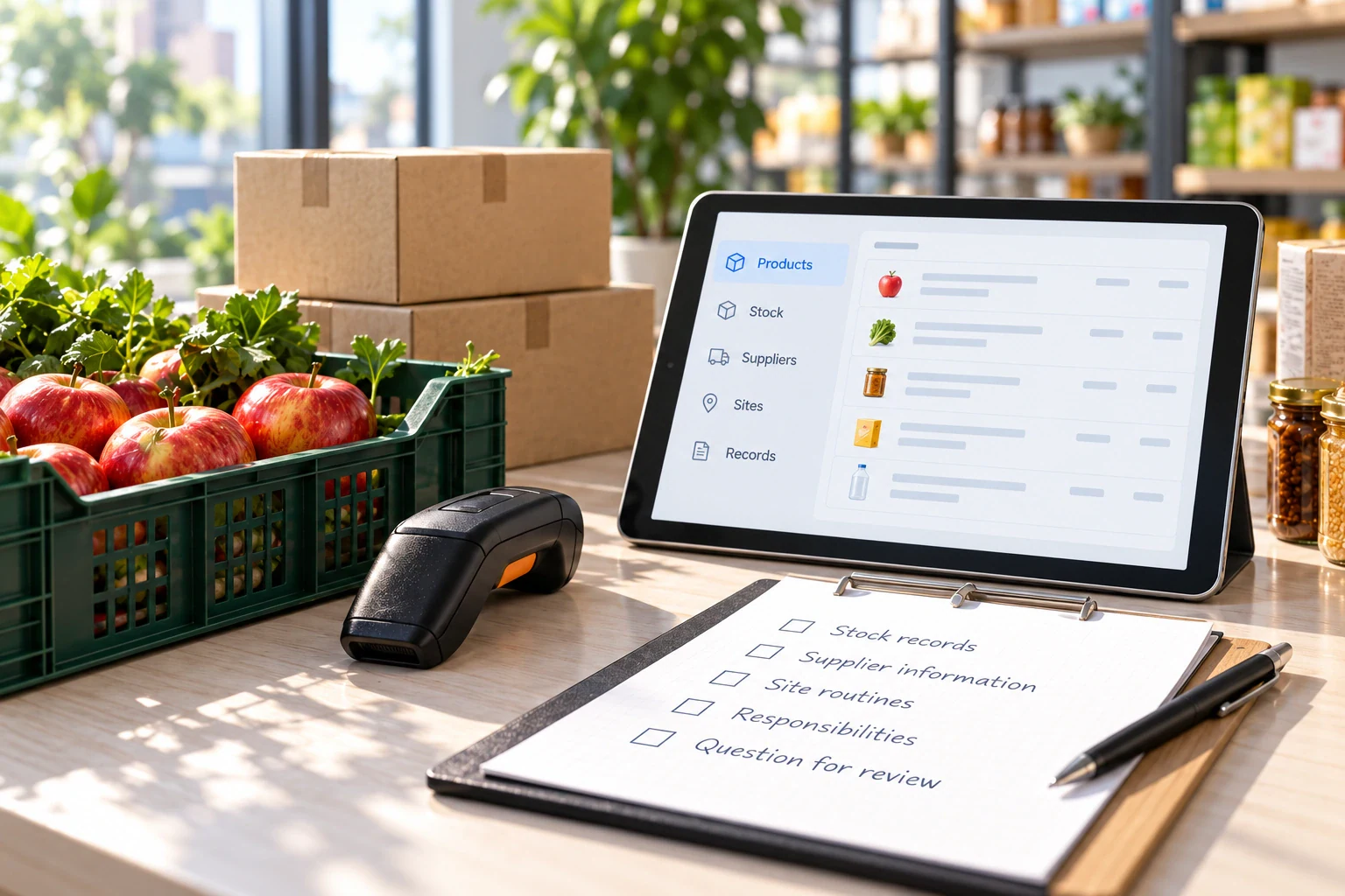 Illustrative stock and site records beside cartons, produce, scanner and a tablet with neutral record categories.