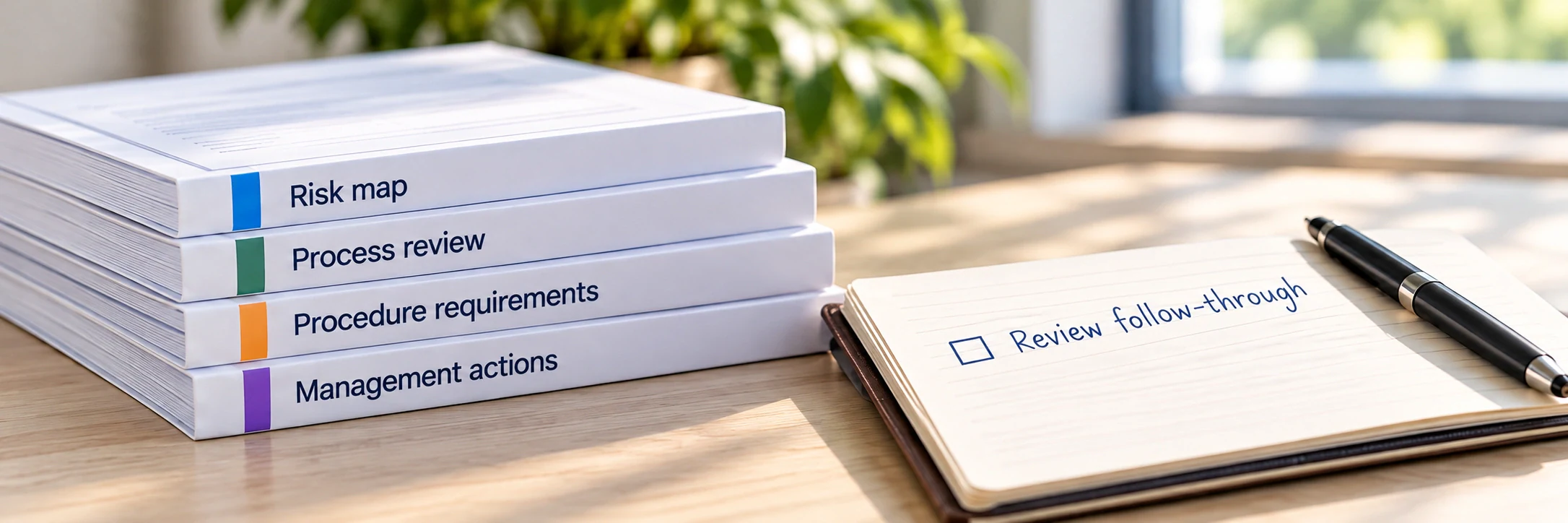 Illustrative risk map, process review, procedure requirements and management actions with a notebook for reviewing open follow-through.