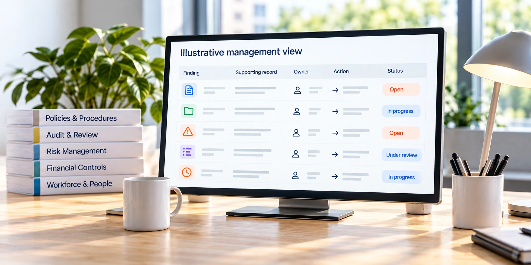 Illustrative management view linking findings, non-patient supporting records, owners, actions and open or under-review status. This is explanatory artwork.