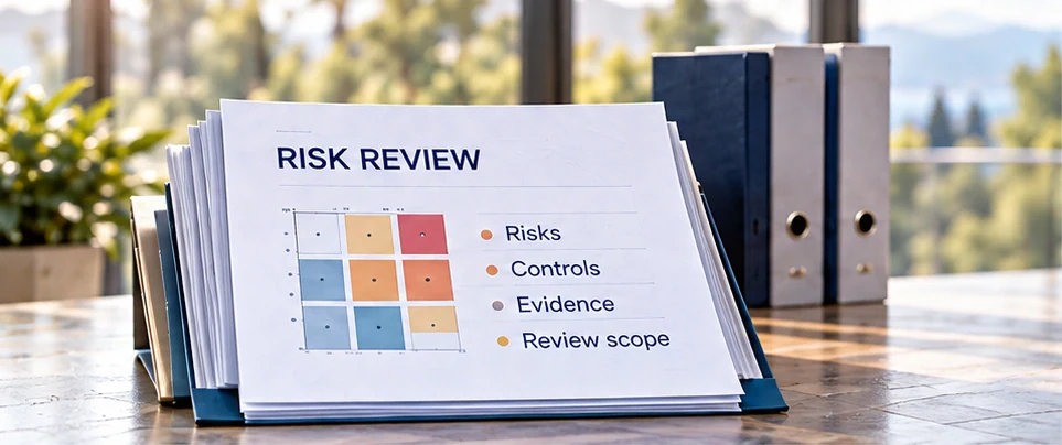 Illustrative risk-review papers with risks, controls, evidence and review scope.