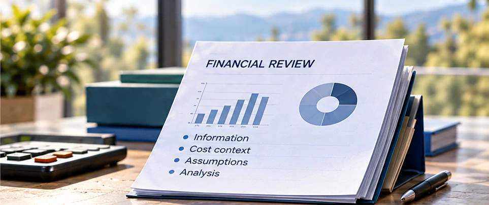 Illustrative financial-review papers, calculator and abstract charts without values.