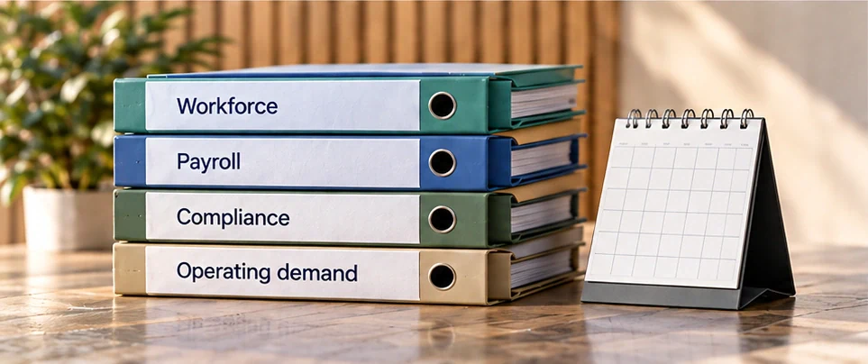 Workforce, payroll, compliance and operating-demand binders beside a blank calendar.