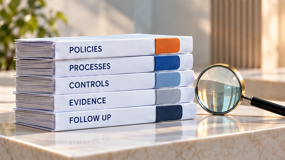 Policies, processes, controls, evidence and follow-up books with a magnifying glass.