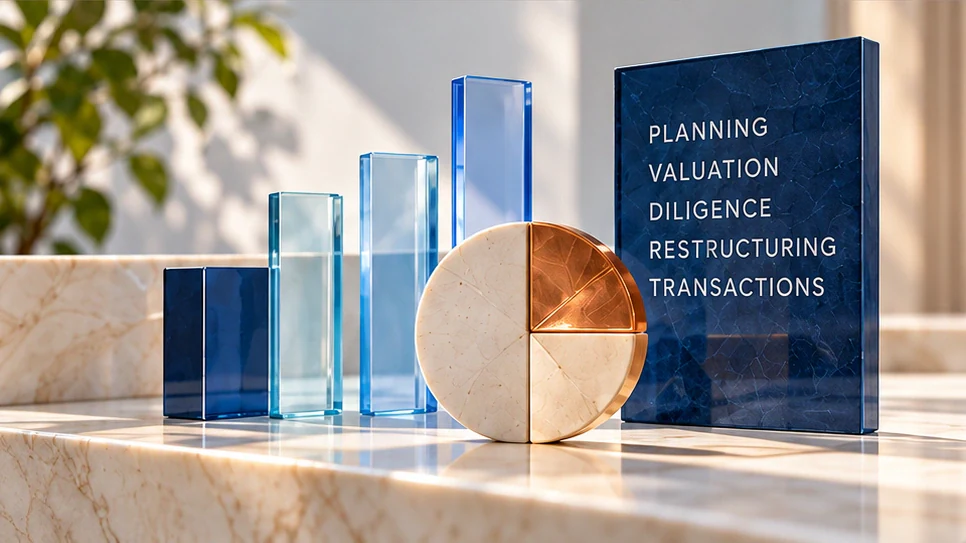 Illustrative glass chart bars and financial-decision objects without measured results.
