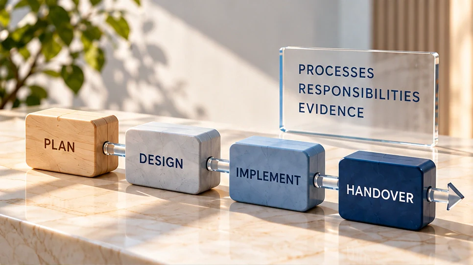 Illustrative process blocks connected through planning, design, implementation and handover.