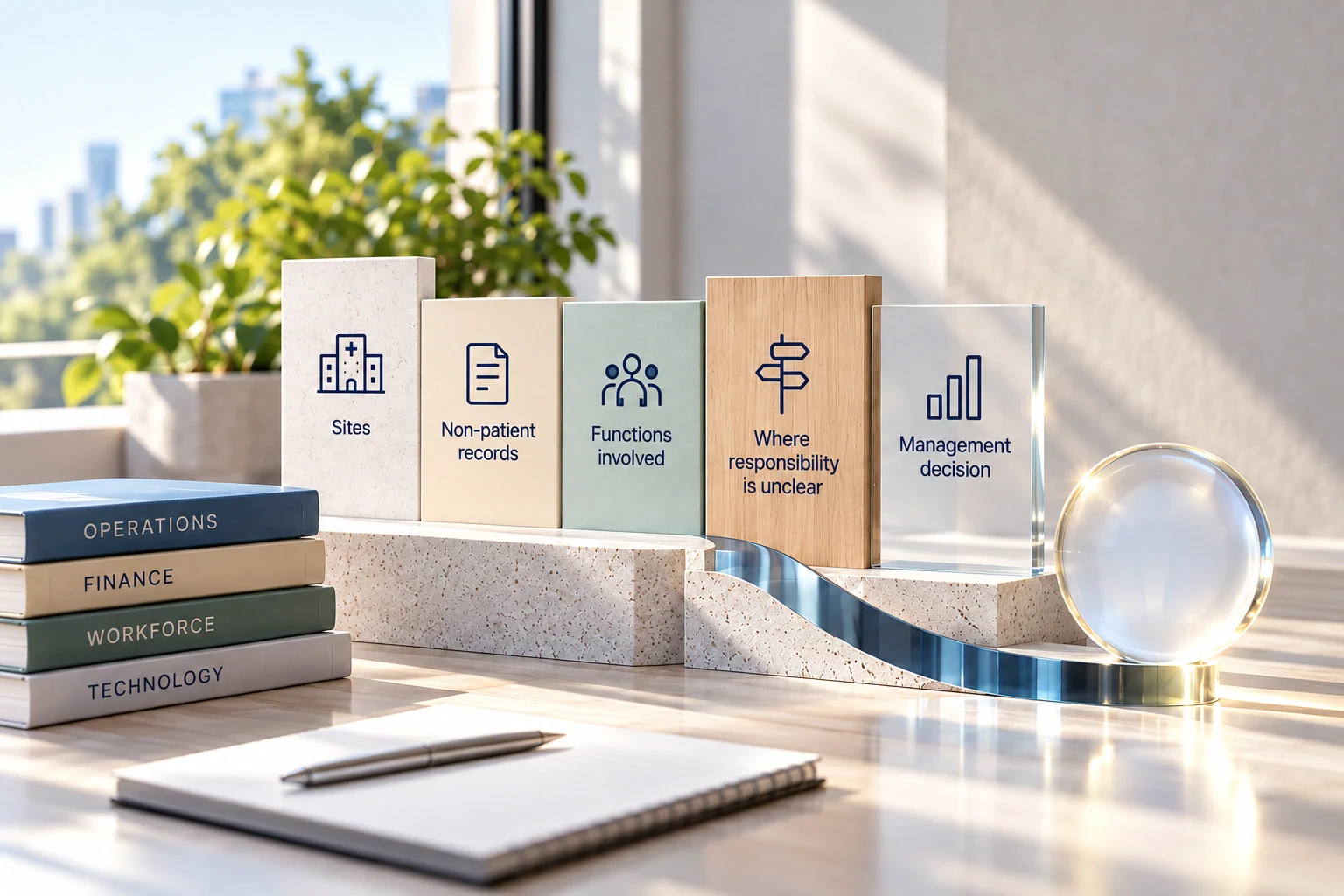 Five optional conversation topics shown on slabs: sites, non-patient records, functions involved, where responsibility is unclear and management decision.