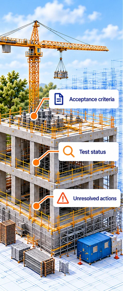 Acceptance: Acceptance criteria, Test status, Unresolved actions. Illustrative evidence and responsibilities, not proof of completed readiness.