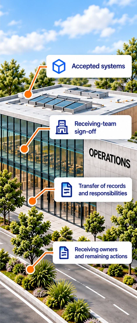 Handover: Accepted systems, Receiving-team sign-off, Transfer of records and responsibilities, Receiving owners and remaining actions. Illustrative evidence and responsibilities, not proof of completed readiness.