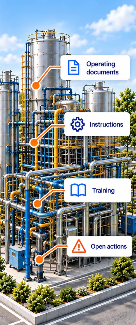 Operability: Operating documents, Instructions, Training, Open actions. Illustrative evidence and responsibilities, not proof of completed readiness.