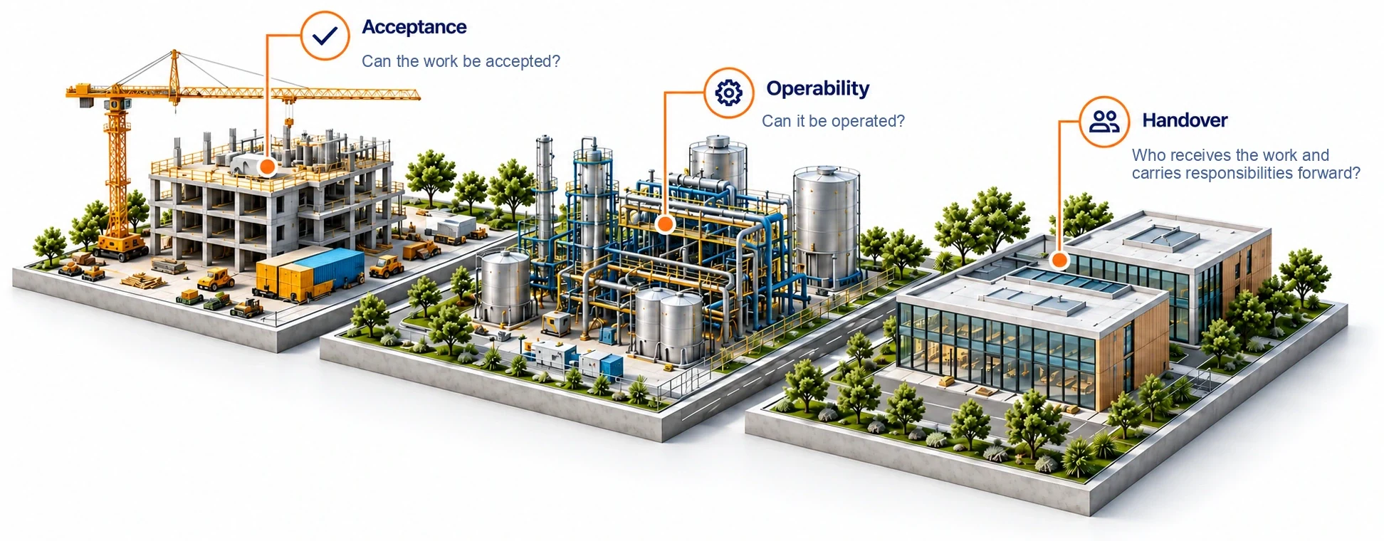 Three illustrated project contexts connect the visible structure, operating systems and receiving environment with their readiness questions