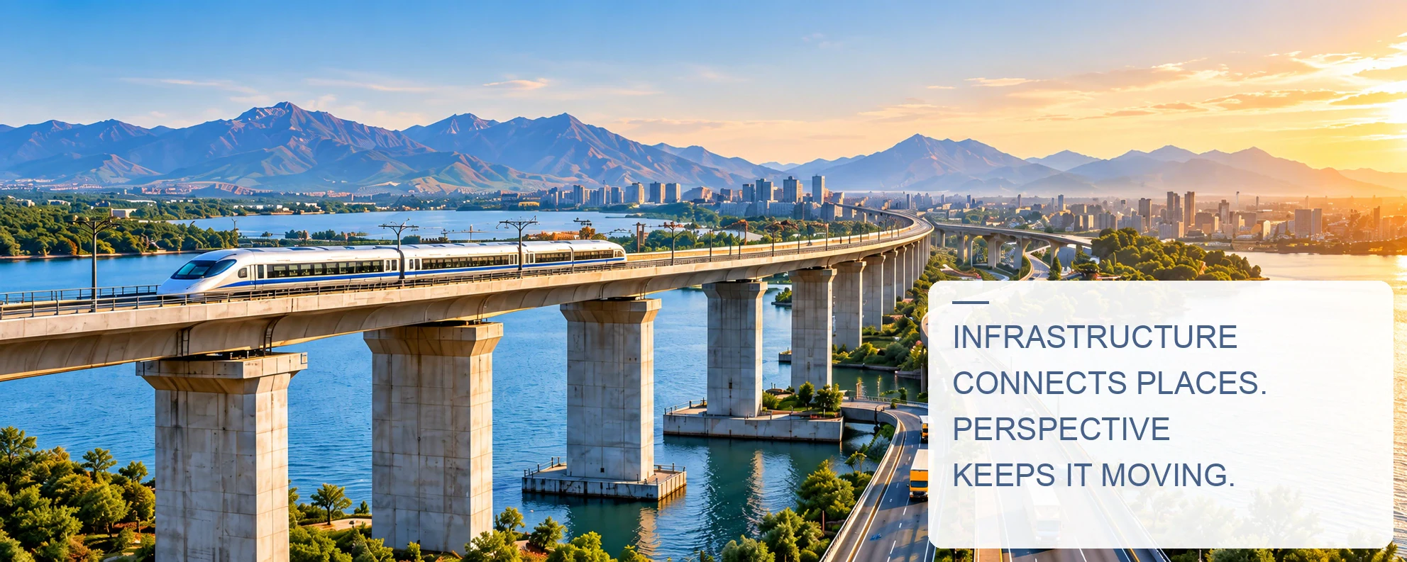 Illustrative rail and road infrastructure. Infrastructure connects places. Perspective keeps it moving.