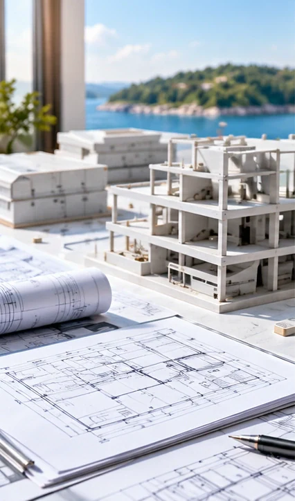 Architectural model and blueprint