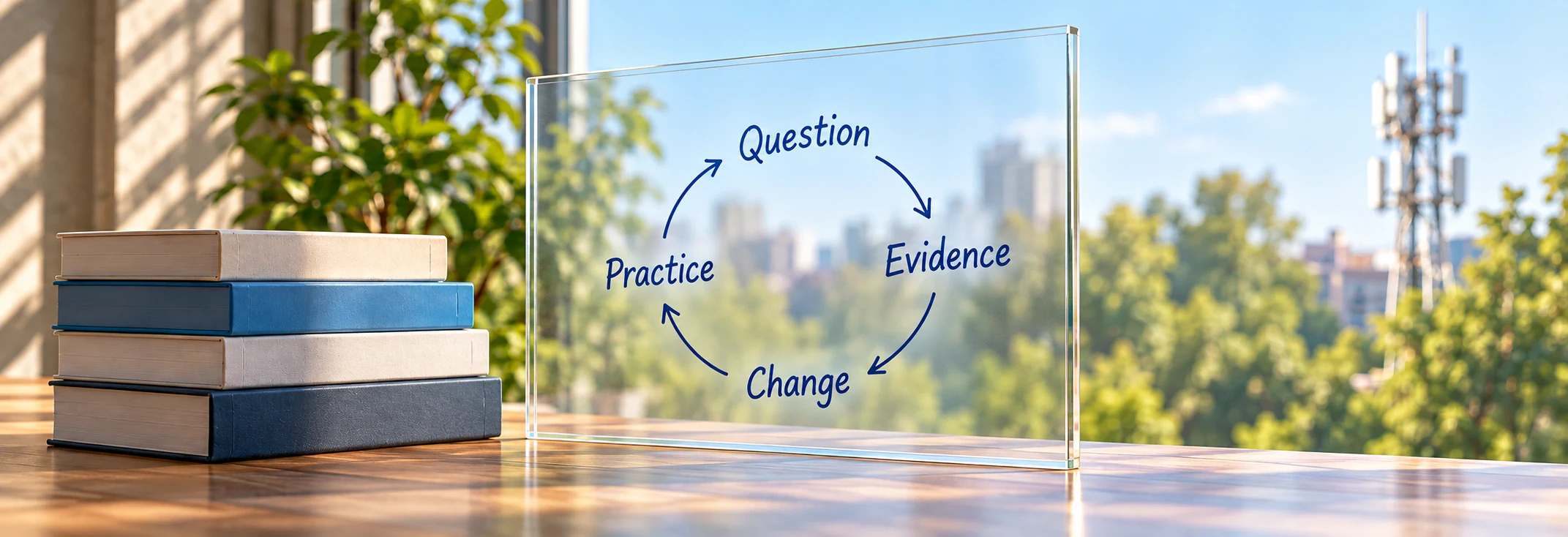 An illustrative glass learning loop connects question, evidence, change and practice.