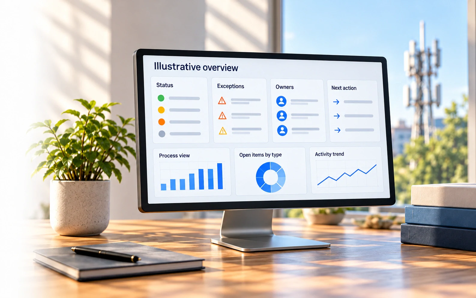 Illustrative management-information overview connects status, exceptions, owners and next action; it contains no live customer records.