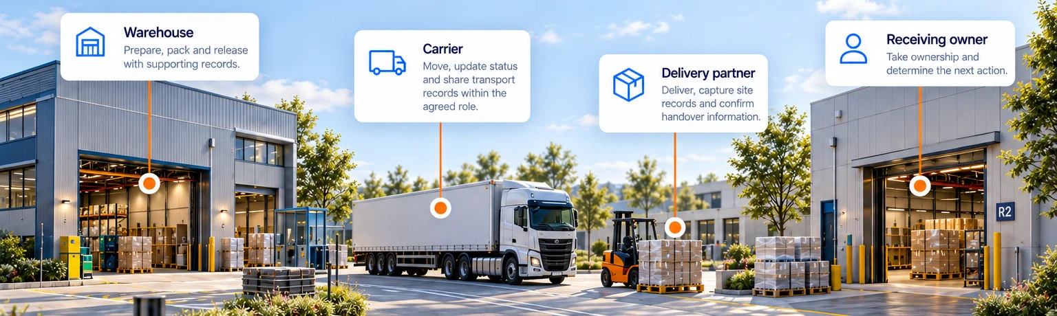 Warehouse prepares and releases supporting records; carrier shares transport updates; delivery partner captures site and handover information; receiving owner determines next action.