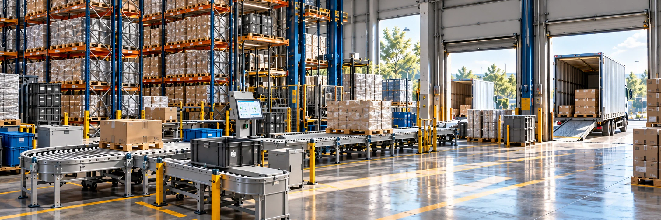 Illustrative warehouse with stock racks, cartons, roller conveyors and generic loading bays.