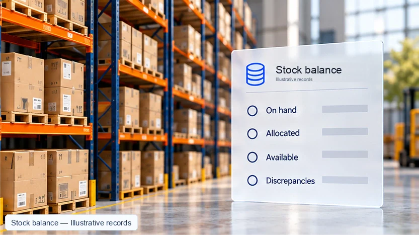 Illustrative stock balance panel distinguishes on hand, allocated, available and discrepancy records.