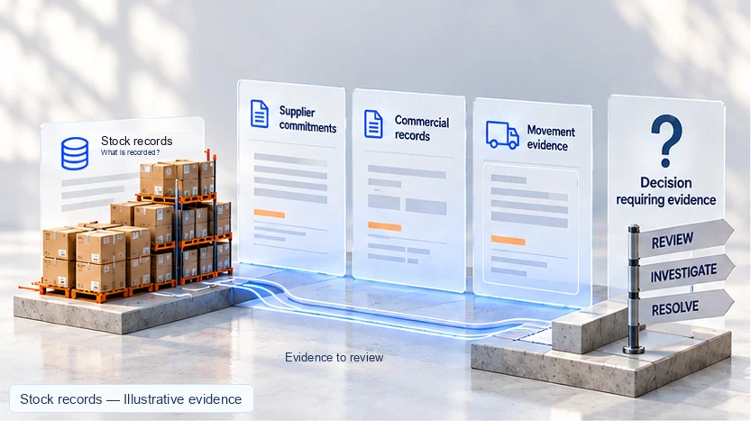 Illustrative stock records, supplier commitments, commercial records and movement evidence connect to a decision requiring review.
