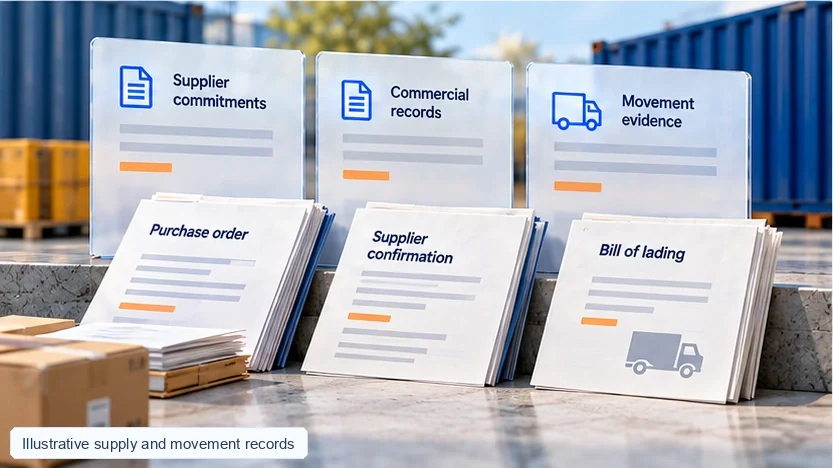 Illustrative purchase order, supplier confirmation and bill of lading support supply and movement review.