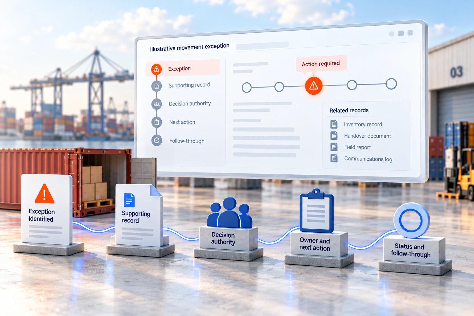 An illustrative movement exception connects supporting records, decision authority, a named responsibility for next action and pending follow-through.