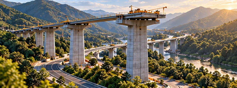 Illustrative unfinished mountain viaduct representing infrastructure construction and handover.